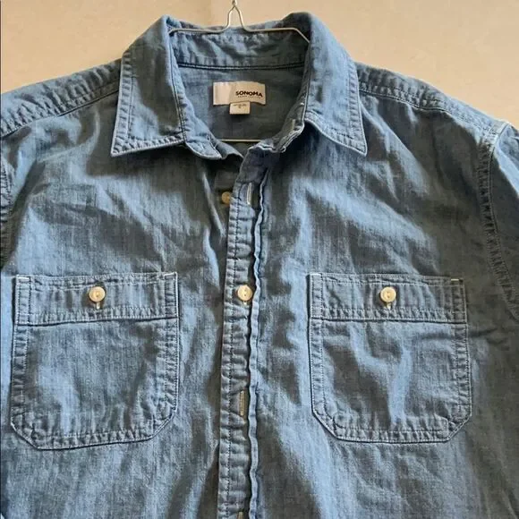 Sonoma Unisex Chambray Denim Button Down Shirt Size Small Layering Western - Picture 5 of 7